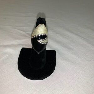 Vintage Black & White Enamel Marquise Statement Ring - Rhinestone Accents